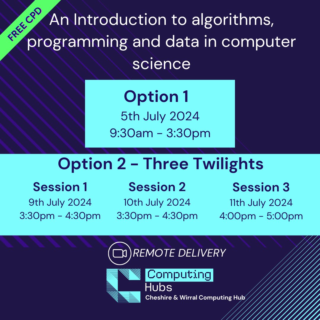 ComputingHubFT's tweet image. 💻 Join us to take your first steps towards teaching computer science and establish a foundational knowledge of concepts, terminology and classroom practice. 
🎟 Book Option 1: stem.org.uk/cpd/534486/int…
🎟 Book Option 2: 
stem.org.uk/cpd/534493/int…

#GCSEComputing #Cheshire