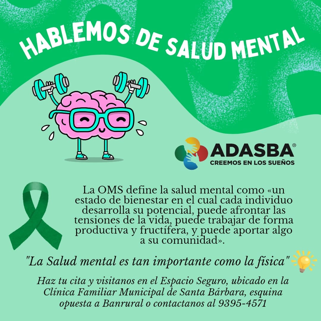ADASBA desde el Espacio Seguro continúa campaña de sensibilización sobre la importancia de atender nuestra Salud Mental.  Bajo el lema "La salud mental es tan importante como la física" buscamos orientar, apoyar y ofrecer nuestros servicios gratuitos.
<a href="/ONUHonduras/">ONU Honduras</a>