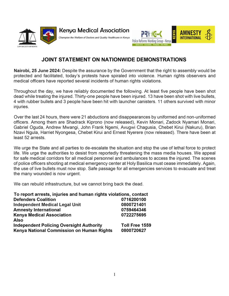 STATEMENT: As a member of the Police Reforms Working Group - Kenya, ICJ Kenya would like to say that, throughout the day, we have reliably documented the following.

At least five people have been shot dead, including one medical officer while treating the injured.

Thirty-one