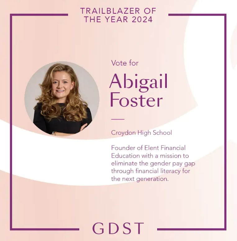 Croydon High IvyLink (@croydonhighivyl) on Twitter photo Delighted <a href="/CroydonHigh/">Croydon High School</a> alumna Abigail Foster <a href="/elent_finance/">Abigail Foster</a> is a FINALIST in this year’s @GDST Trailblazer of the Year Award! 🎉 Abi's mission is to eliminate the gender pay gap through financial literacy. Please vote for her here: gdst.net/aoya-2024/ @gdstalumnae #VoteForAbi Delighted <a href="/CroydonHigh/">Croydon High School</a> alumna Abigail Foster <a href="/elent_finance/">Abigail Foster</a> is a FINALIST in this year’s @GDST Trailblazer of the Year Award! 🎉 Abi's mission is to eliminate the gender pay gap through financial literacy. Please vote for her here: gdst.net/aoya-2024/ @gdstalumnae #VoteForAbi
