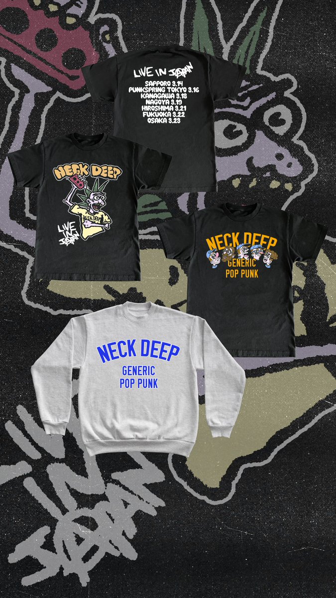 NeckDeepUK's tweet photo. Japan tour leftovers are on sale now, very limited stock available at https://t.co/lJNjteOqgj !! https://t.co/yY6yhymT1t