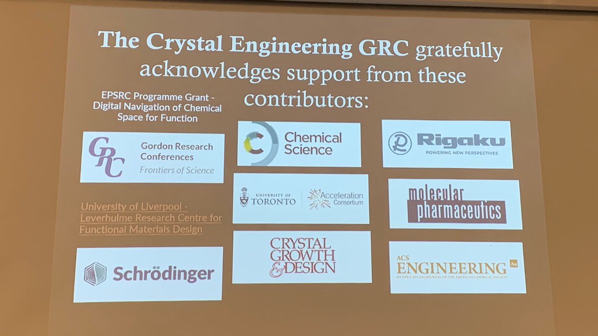 Andy Cooper (@aicooper) on Twitter photo Many thanks to <a href="/EPSRC/">Engineering and Physical Sciences Research Council</a>, <a href="/LeverhulmeTrust/">The Leverhulme Trust</a> /<a href="/LC_Mater_Design/">Leverhulme Research Centre - Materials Design</a>, Schrödinger, <a href="/ChemicalScience/">Chemical Science</a>, <a href="/acceleration_c/">Acceleration Consortium (AC)</a>, <a href="/CGD_ACS/">Crystal Growth & Design / ACS</a>, <a href="/rigaku/">Rigaku</a>, <a href="/ACSEngSafety/">ACS Engineering</a>, and <a href="/Mol_Pharm/">Mol Pharm</a> for cosponsoring this <a href="/GordonConf/">Gordon Research Conferences</a> in Crystal Engineering - so far it's been a great meeting! Many thanks to <a href="/EPSRC/">Engineering and Physical Sciences Research Council</a>, <a href="/LeverhulmeTrust/">The Leverhulme Trust</a> /<a href="/LC_Mater_Design/">Leverhulme Research Centre - Materials Design</a>, Schrödinger, <a href="/ChemicalScience/">Chemical Science</a>, <a href="/acceleration_c/">Acceleration Consortium (AC)</a>, <a href="/CGD_ACS/">Crystal Growth & Design / ACS</a>, <a href="/rigaku/">Rigaku</a>, <a href="/ACSEngSafety/">ACS Engineering</a>, and <a href="/Mol_Pharm/">Mol Pharm</a> for cosponsoring this <a href="/GordonConf/">Gordon Research Conferences</a> in Crystal Engineering - so far it's been a great meeting!