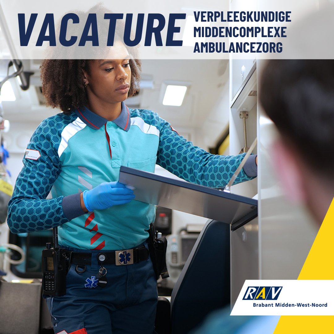 VACATURE: VERPLEEGKUNDIGE MIDDENCOMPLEXE AMBULANCEZORG
In deze functie word je ingezet voor gepland vervoer van patiënten die op dat moment geen acute medische zorg nodig hebben maar waarbij jij zorgt voor de juiste medische begeleiding. 
ravbrabantmwn.nl/verpleegkundig…