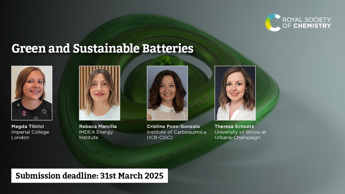 Green Chemistry (@green_rsc) on Twitter photo We are delighted to announce a call for papers for our latest cross journal themed collection on Green and Sustainable Batteries 🚨
🗓 Submission deadline: 31 March, 2025
More info ➡ blogs.rsc.org/gc/2024/06/25/…
<a href="/titiricigroup/">Magda Titirici</a> <a href="/cpozogonzalo/">CristinaPozo-Gonzalo</a>
<a href="/RSC_Sus/">RSC Sustainability</a> <a href="/JMaterChem/">J. Mater. Chem. family</a> <a href="/RSC_Energy/">RSC Energy Journals</a> We are delighted to announce a call for papers for our latest cross journal themed collection on Green and Sustainable Batteries 🚨
🗓 Submission deadline: 31 March, 2025
More info ➡ blogs.rsc.org/gc/2024/06/25/…
<a href="/titiricigroup/">Magda Titirici</a> <a href="/cpozogonzalo/">CristinaPozo-Gonzalo</a>
<a href="/RSC_Sus/">RSC Sustainability</a> <a href="/JMaterChem/">J. Mater. Chem. family</a> <a href="/RSC_Energy/">RSC Energy Journals</a>