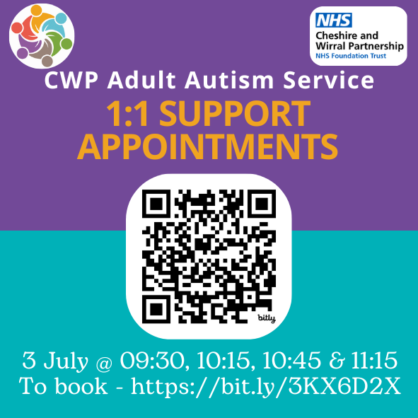 <a href="/cwpnhs/">Cheshire and Wirral Partnership NHS FT</a> are with us again next week - 3 July. If you would like to book a 1:1 appointment or join us for a presentation on Executive Functioning, please click on this link bit.ly/3KX6D2X or scan the QR code.