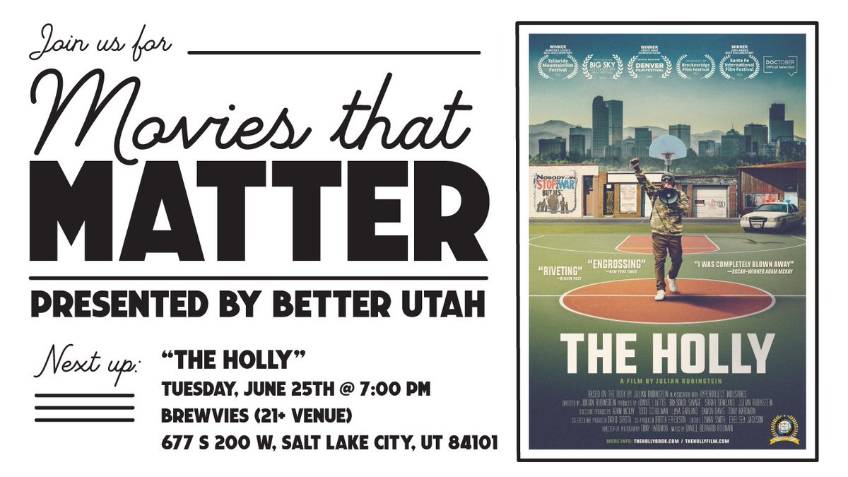 Reminder! TONIGHT @ 7pm is Movies that Matter @ Brewvies! This year we're screening The Holly, an intimate portrait of one man’s struggle to escape his past &amp; to help solve a mystery that could save him from a life behind bars. 

Buy your $10 ticket here: act.betterutah.org/donate/movies-…