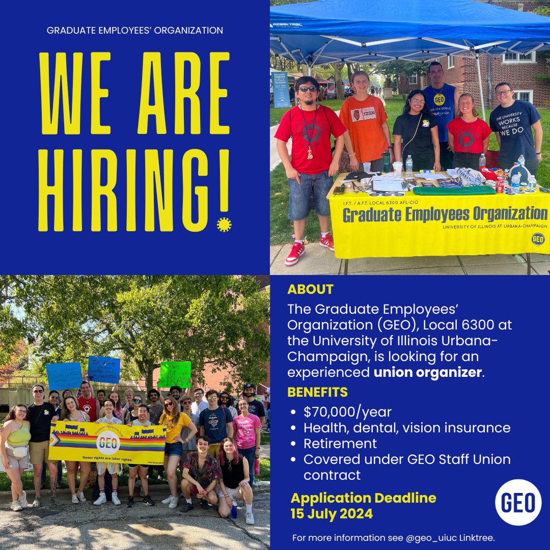 WE ARE HIRING!

GEO represents over 3,000 Teaching Assistants, Graduate Assistants, and Pre-Professional Graduate Assistants. As we continue to expand our Union membership we are looking to hire an additional Union Organizer. For more info see our linktree in bio!