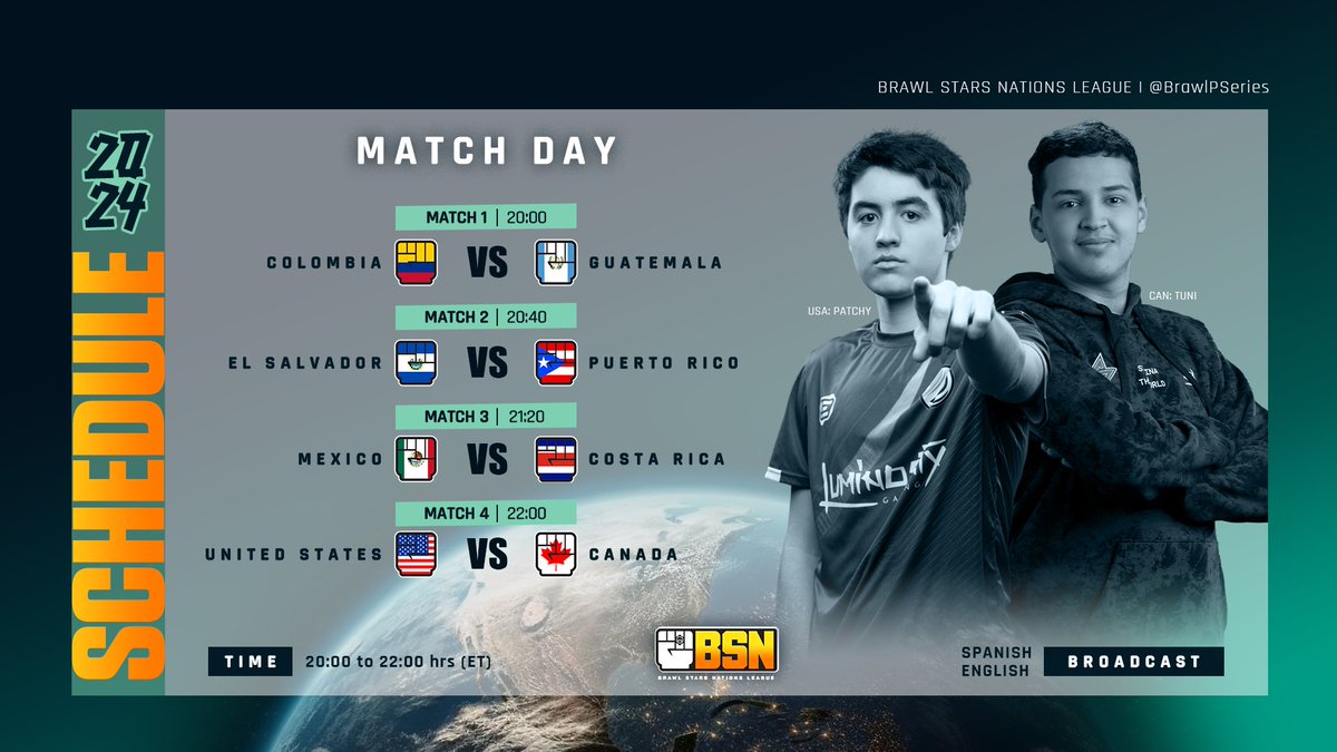 #BSN • MATCHDAY

WEEK 1
TODAY - 6PM 🇲🇽🇬🇹🇸🇻 8PM 🇺🇸🇨🇦🇵🇷 
🇪🇸 twitch.tv/nearz_z
🇺🇸 twitch.tv/ReddySet

M1
🇨🇴 <a href="/SelColEsportsBs/">Sel Col Brawl Stars</a> 
🆚
🇬🇹 <a href="/guatemala_bs/">Selección Guatemala</a> 

M2
🇸🇻 <a href="/ESA_BS/">El Salvador</a> 
🆚
🇵🇷 <a href="/seleccionprbs/">Seleccion de Puerto Rico Brawl Stars</a> 

M3
🇲🇽 <a href="/SeleccionBSMx/">Selección Mexicana BS</a> 
🆚
🇨🇷 <a href="/SeleBS_CRC/">Selección CRC</a> 

M4
🇺🇸 <a href="/USAbrawlstars/">USA Brawl Stars</a> 
🆚
🇨🇦 <a href="/CanadaBrawl/">CanadaBrawlStars</a>