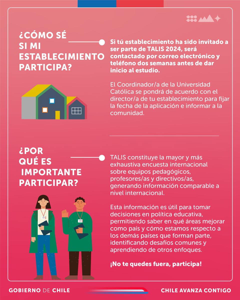 SubEducParv's tweet photo. ✏️Este año se realizará la encuesta TALIS 2024, que considera a establecimientos de Educación Parvularia y Escolar.
Te invitamos a conocer más de este estudio internacional, que recoge información clave para tomar decisiones en políticas educativas.
🔗 https://t.co/Xra4aqwA2u https://t.co/vKc8zBPyfG