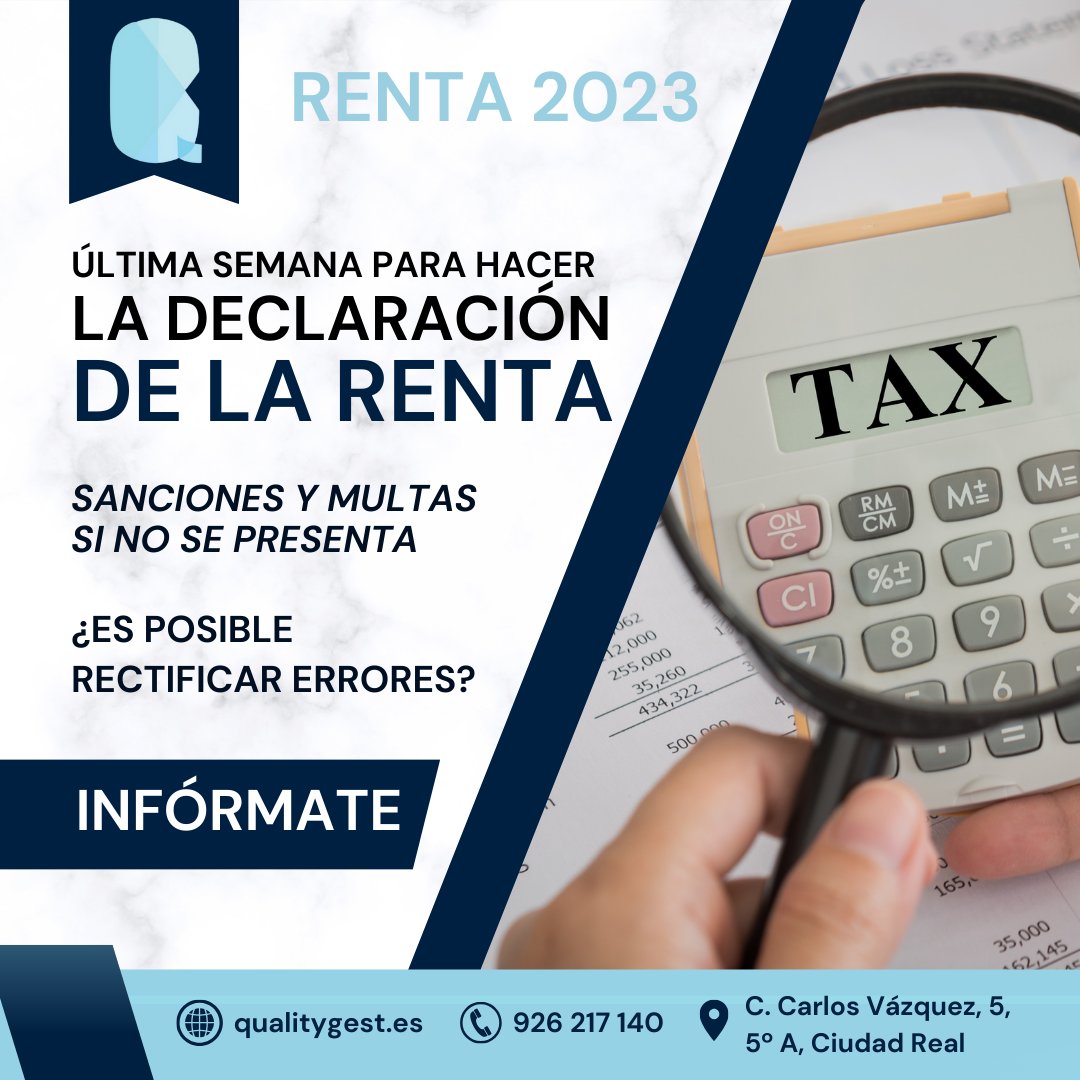 qualitygest's tweet image. 🕒Últimos días para la declaración de la renta:  ¿Se pueden rectificar errores? ¡Sí! La Agencia Tributaria permite corregir cualquier error en tu declaración. Las sanciones por errores o falta de presentación varían según la situación. Evita problemas con QUALITYGEST. 
#Renta2023