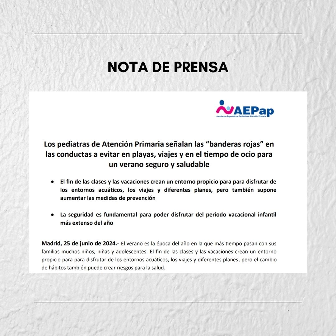 Con la llegada del verano los pediatras de Atención Primaria y la AEPap recuerdan las principales conductas de riesgo a evitar por las familias en relación a viajes, playas y piscinas y tiempo de ocio.

Artículo completo en:  aepap.org/sites/default/…