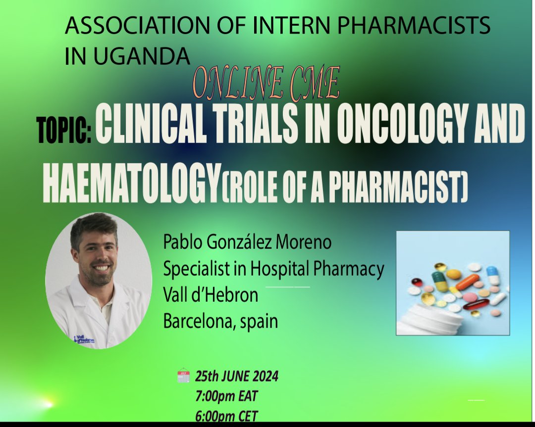 CME ALERT* 
In collaboration with <a href="/PharmacistsUg/">Pharmaceutical Society of Uganda</a>, <a href="/InternpharmUg/">Intern Pharmacists of Uganda</a> invites you to a scheduled CME
Presenter:  Pablo Gonzalez Moreno
Vall d'Hebron Hospital,
Barcelona, Spain
Moderator: Mandolo Jasper (AIPU PRESIDENT)
 ZOOM LINK :