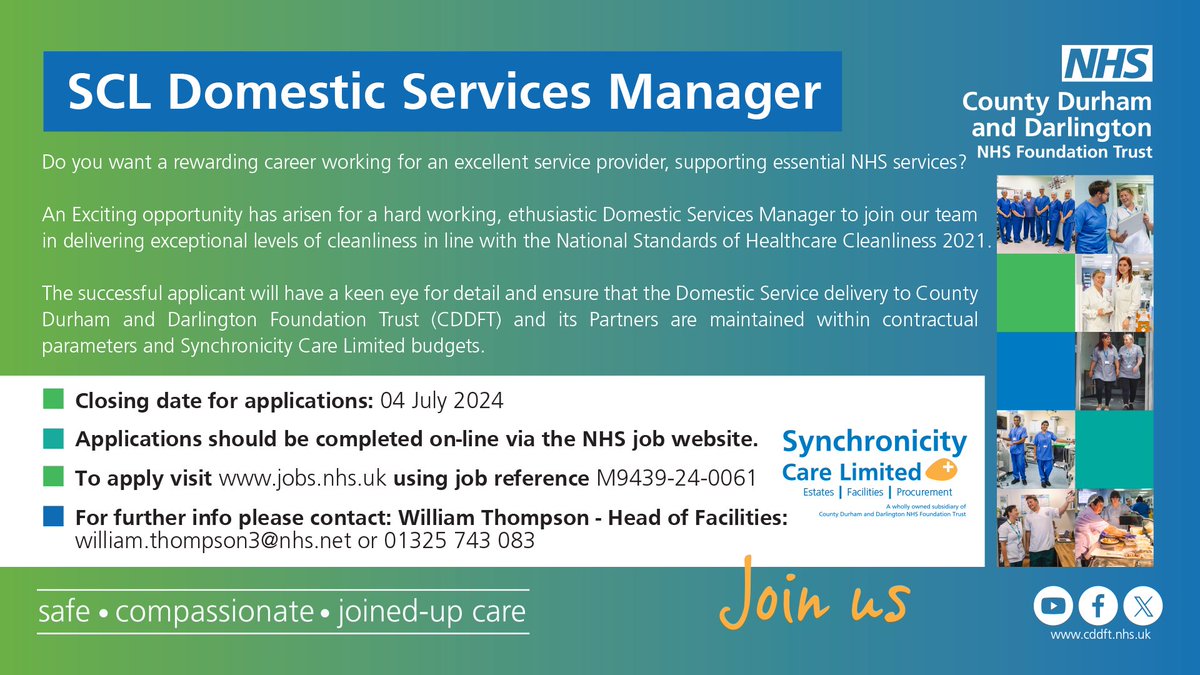 Join us in delivering safe, compassionate, joined-up care as a permanent, full-time, SCL Domestic Services Manager at Darlington Memorial Hospital and University Hospital of North Durham.

Visit NHS Jobs: jobs.nhs.uk/candidate job ref M9439-24-0061. Closing date 04 July 2024.