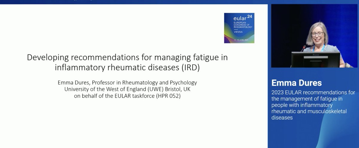 UWE Health Research (@chcr_uwe) on Twitter photo Fatigue is one of the most challenging symptoms to manage in #inflammatory #arthritis
Prof Emma Dures from <a href="/UWEBristol/">UWE Bristol</a> led a European project to develop recommendations for fatigue management & presented these at #EULAR2024 congress in #Vienna
<a href="/CHCR_UWE/">UWE Health Research</a> doi.org/10.1136/ard-20… Fatigue is one of the most challenging symptoms to manage in #inflammatory #arthritis
Prof Emma Dures from <a href="/UWEBristol/">UWE Bristol</a> led a European project to develop recommendations for fatigue management & presented these at #EULAR2024 congress in #Vienna
<a href="/CHCR_UWE/">UWE Health Research</a> doi.org/10.1136/ard-20…