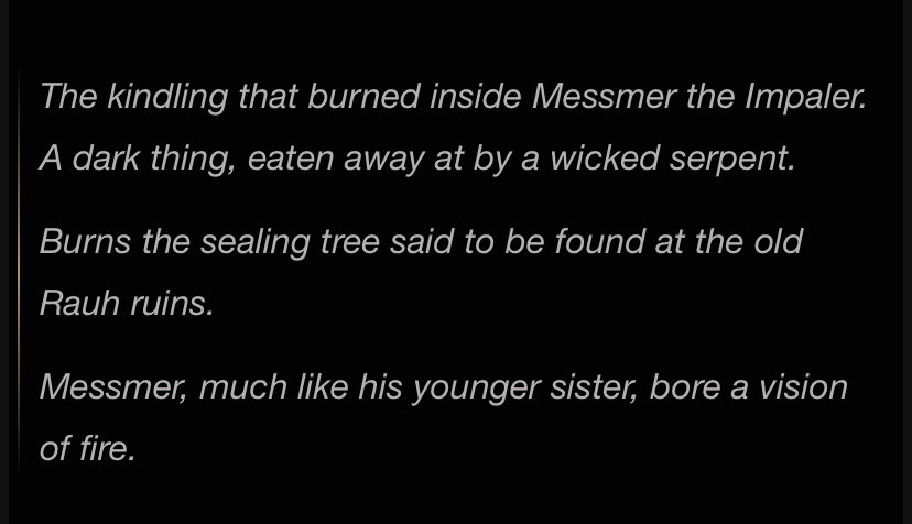 RKayyyyyyy's tweet photo. @Ziostorm1 You may already know this but Messmer is very likely Melina’s brother thanks to this item description. Bit of a wasted opportunity to not have any new dialogue after killing Messmer… https://t.co/6hUJYeOCbZ