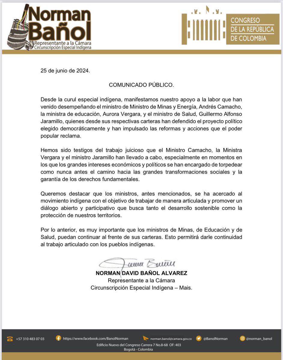 Total respaldo a la gestión de los ministros de Minas y Energía, Educación y Salud por su compromiso con el pueblo y su mandato popular. Somos respetuosos de la competencias del jefe de Estado como nominador, pero conocemos el trabajo de estos tres ciudadanos por Colombia.