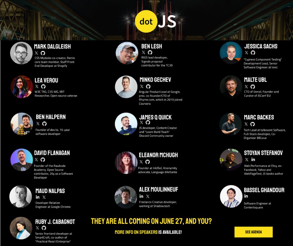 dotJS (@dotjs) on Twitter photo 🟡#dotJS is coming this Thursday 🥳
🌟Join us on June 27 to listen to our fantastic speakers <a href="/LeaVerou/">Lea Verou, PhD</a> <a href="/markdalgleish/">Mark Dalgleish</a> <a href="/BenLesh/">Ben Lesh</a> <a href="/_jessicasachs/">jess</a> <a href="/mgechev/">Minko Gechev</a> <a href="/cramforce/">Malte Ubl</a> <a href="/bendhalpern/">Ben Halpern</a> <a href="/jamesqquick/">James Q Quick</a> <a href="/feyeleanor/">Eleanor McHugh</a> <a href="/themarcba/">Marc Backes</a> <a href="/rawkode/">David Flanagan</a> <a href="/stoyanstefanov/">Stoyan Stefanov 🪩</a> <a href="/maudnals/">maudnals</a> @Lunakepio <a href="/rubyjane88/">Ruby Jane 🇵🇭 🇸🇯</a> and Bassel 🟡#dotJS is coming this Thursday 🥳
🌟Join us on June 27 to listen to our fantastic speakers <a href="/LeaVerou/">Lea Verou, PhD</a> <a href="/markdalgleish/">Mark Dalgleish</a> <a href="/BenLesh/">Ben Lesh</a> <a href="/_jessicasachs/">jess</a> <a href="/mgechev/">Minko Gechev</a> <a href="/cramforce/">Malte Ubl</a> <a href="/bendhalpern/">Ben Halpern</a> <a href="/jamesqquick/">James Q Quick</a> <a href="/feyeleanor/">Eleanor McHugh</a> <a href="/themarcba/">Marc Backes</a> <a href="/rawkode/">David Flanagan</a> <a href="/stoyanstefanov/">Stoyan Stefanov 🪩</a> <a href="/maudnals/">maudnals</a> @Lunakepio <a href="/rubyjane88/">Ruby Jane 🇵🇭 🇸🇯</a> and Bassel
