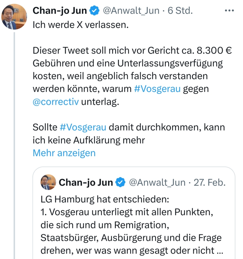 Der rotgrüne Anwalt Jun hat die Regierungsdemos mit erlogenen Tweets kräftig angeheizt. Jetzt muss er dafür bezahlen.

Ich schätze, das ihm das Geld durch den Verfassungsschutz oder die "Demokratieförderung" ersetzt wird. Die Ampel wird ihm wohl dankbar sein. <a href="/UlrichVosgerau/">Ulrich Vosgerau</a>
