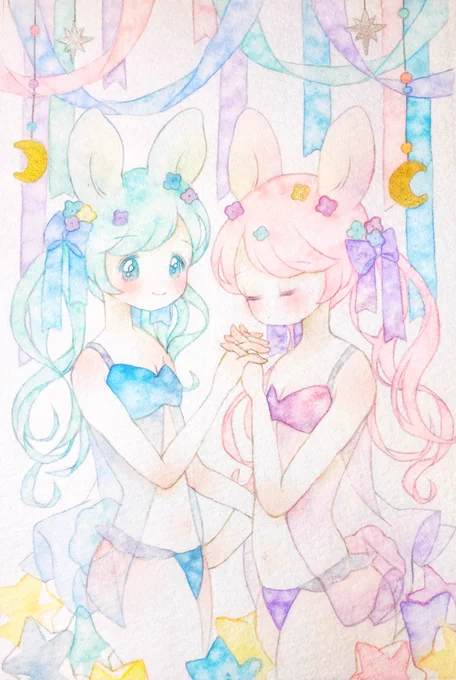 #夜半の創作クラスタフォロー祭り透明水彩でけもみみの女の子とふわふわした世界を描いています 