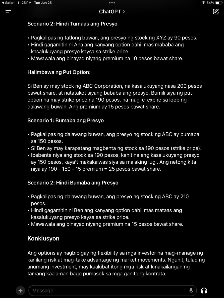 eycpa_'s tweet photo. Bat ngayon ko lang ginamit chatgpt??? May sense pala tong gamitin. As bobita sa derivatives. Naging malinaw sakin kung ano ang option contract na di q ma gets kung pano yung flow ng concept nya 😭 https://t.co/fM1ybQ3mX3