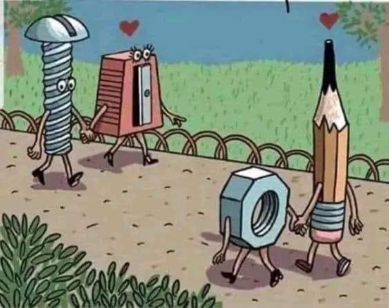 ilatif's tweet image. A screw stares longingly at a nut, and a pencil looks longingly at a sharpener. Both the screw and the pencil harbour desires unfulfilled by the present configuration this is an example of #unrealisticexpectations. Avoid pursuing relationships that are #incompatible.