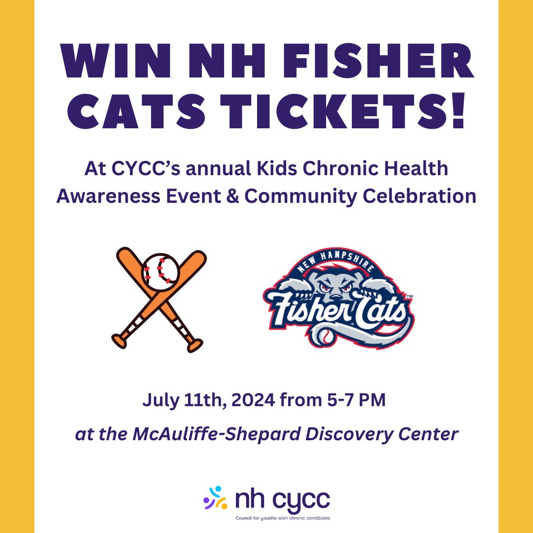 nhcycc's tweet photo. We are excited to share that families attending our July 11th Kids Chronic Health Awareness Event are eligible to win some awesome door prizes, including a set of 4 tickets to a NH Fisher Cats game! 

Register for the event today: https://t.co/tk5XX56KVZ https://t.co/x6ZSHD0EJB