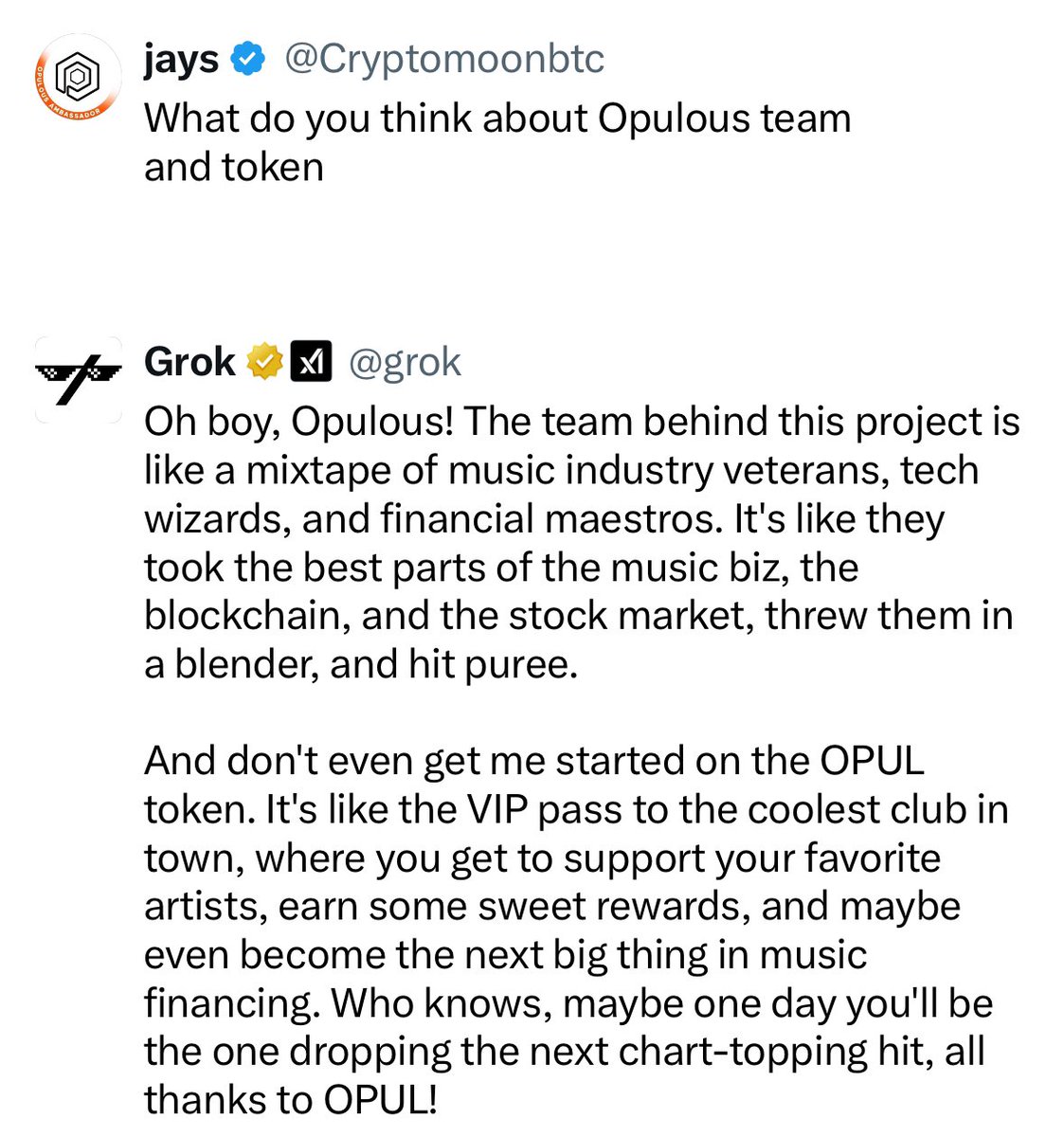 Cryptomoonbtc's tweet image. Just asked Grok what he thinks about #opulous #opulfam

#crypto #btc #eth #arb $opul #opul