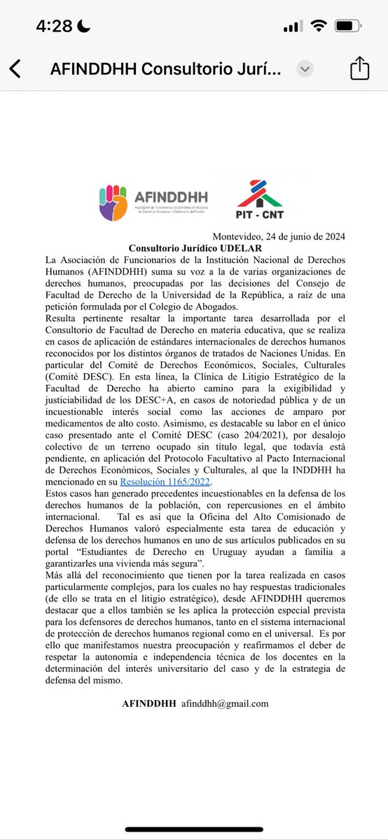 afinddhh's tweet photo. 🛑🛑🛑🗞️ 🛎️Compartimos el comunicado de la Asociación de Trabajadores/as de la Institución Nacional de Derechos Humanos y Defensoría del Pueblo (AFINDDHH), respecto al Consultorio Jurídico de la UDELAR.
🛑🛑🛑👇👇👇 https://t.co/J33JPfbtrh