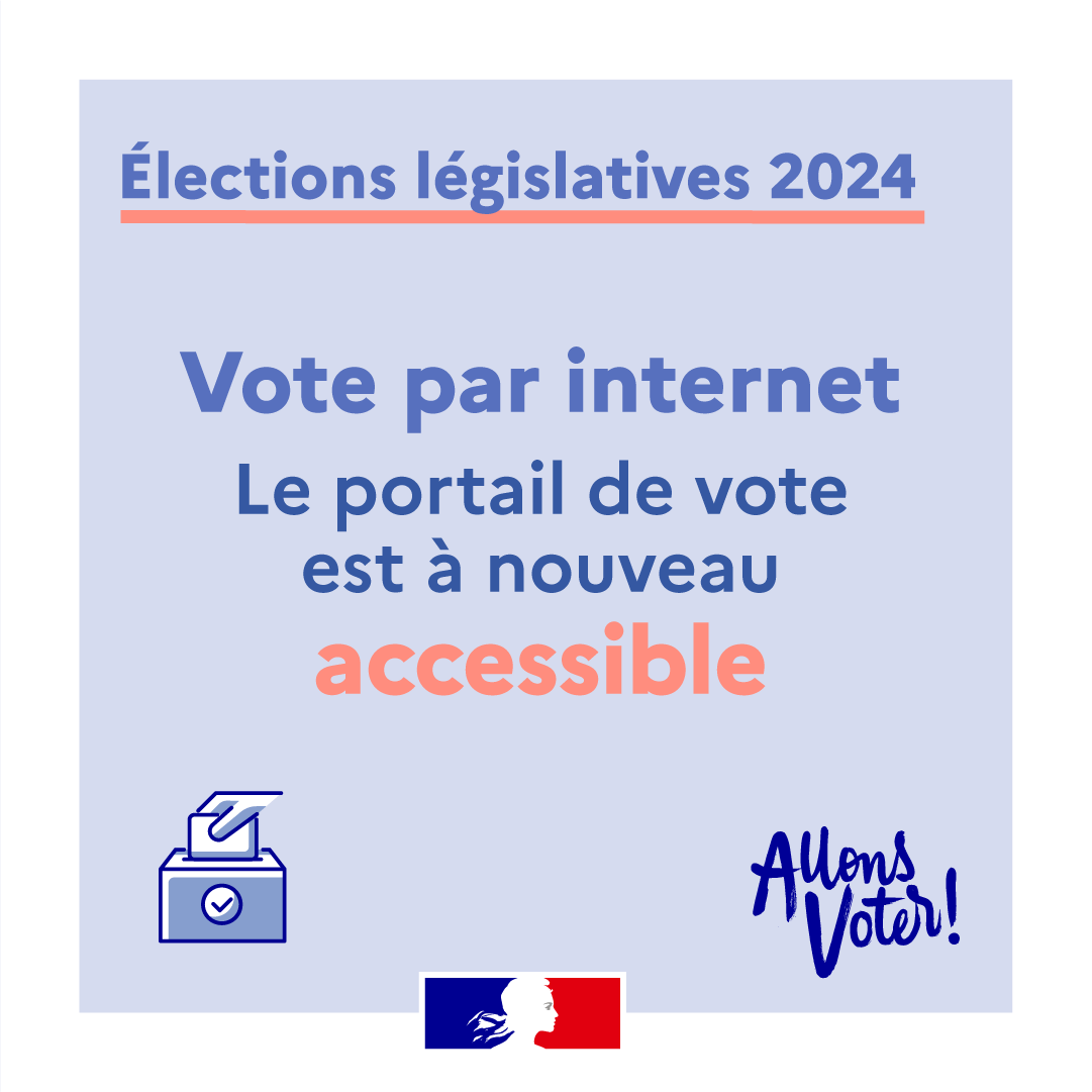 FR_Consulaire's tweet photo. 🗳️ #Législatives2024 l Vote par internet
Le portail de vote est à nouveau accessible. Vous pouvez vous reconnecter dès à présent. 
Bon vote ! https://t.co/VLN5stpKQR