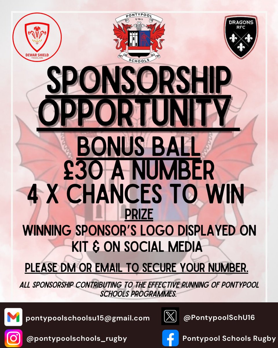 🚨SPONSORSHIP OPPORTUNITY🚨

➡️£30 a number

Huge benefits for becoming a sponsor with a lot of advertisement for your business 👊

📱 DM ‘SPONSORSHIP’ or email us for more info

<a href="/WRU_Community/">WRU Community - Wrth galon y genedl</a> @DragonsHUBs <a href="/AllWalesSport/">All Wales Sport</a> @TorfaenLeisureT @RodneyRoar @DragonsHUBs <a href="/DRA_Community/">DRAGONS RFC COMMUNITY 🐉</a>