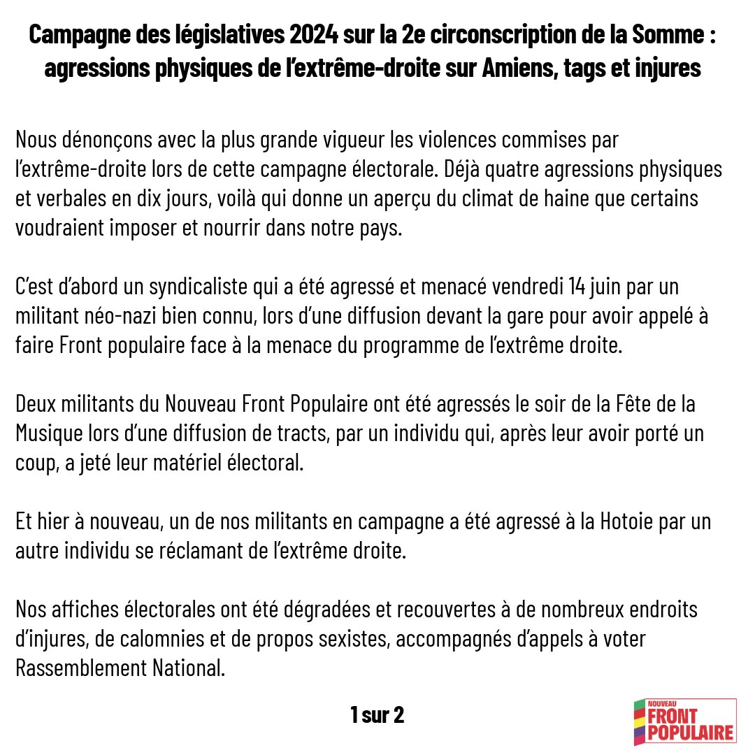 ZahiaHamdane's tweet image. ‼️Les agressions n'ont pas leur place dans la campagne, stop à la violence, stop à la haine. 

Notre communiqué de presse avec @LucasBoutillie1 ⬇️

#circo8002 #legislatives2024 #nouveaufrontpopulaire