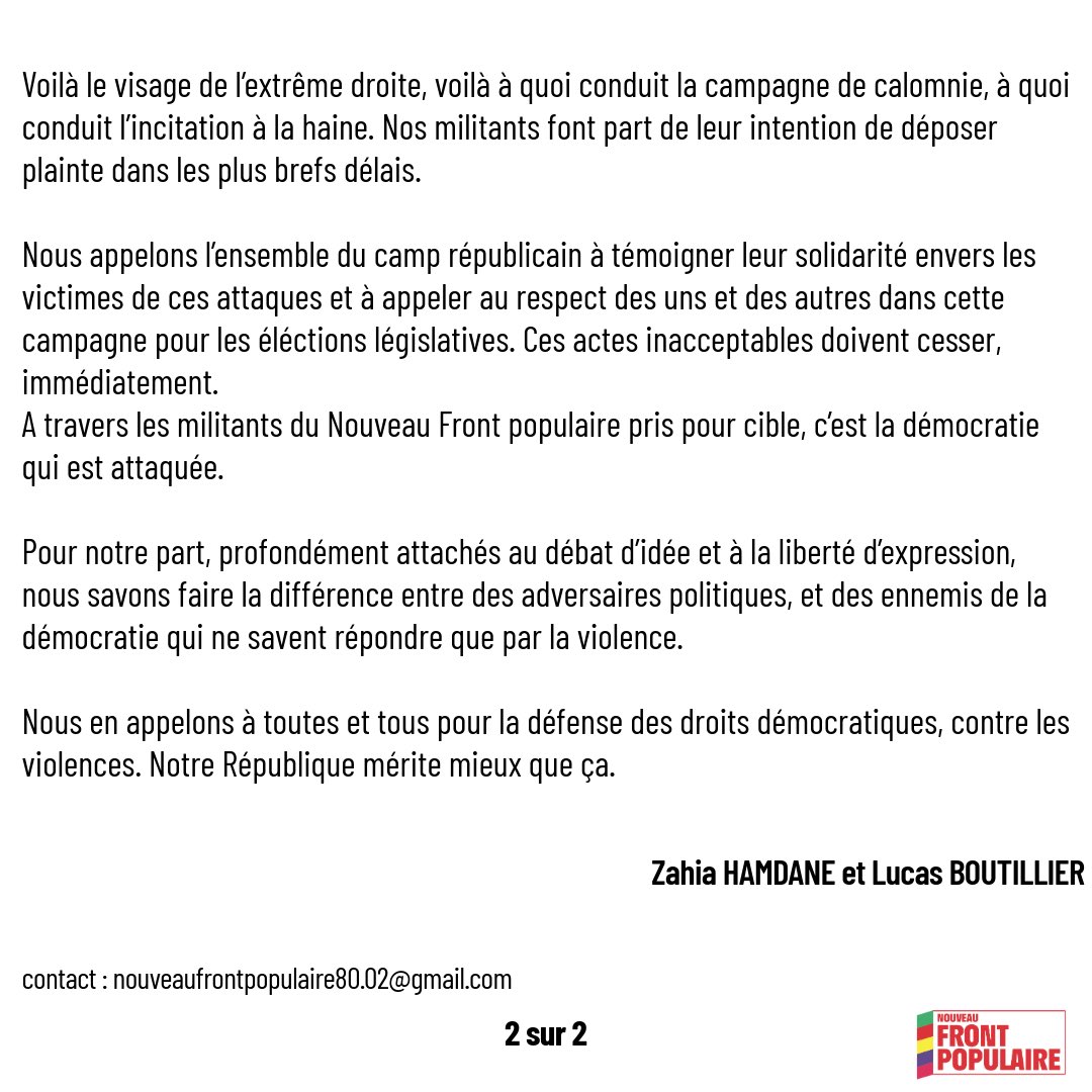 ZahiaHamdane's tweet image. ‼️Les agressions n'ont pas leur place dans la campagne, stop à la violence, stop à la haine. 

Notre communiqué de presse avec @LucasBoutillie1 ⬇️

#circo8002 #legislatives2024 #nouveaufrontpopulaire