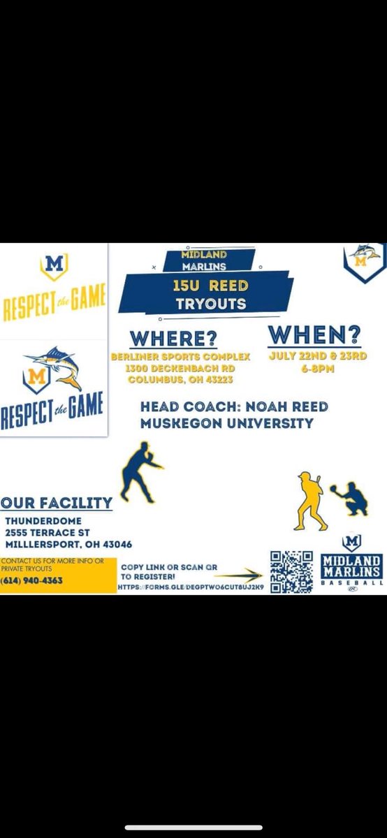 NoahReed2's tweet photo. We will be hosting tryouts for not only my 15U group but 16U and up!
July 22nd/23rd Berliner Sports Complex
Midland Marlins Reed is looking to put together a bad group of dudes in the 2028 class to battle with!
Email - nreed000@gmail.com with any questions!
QR sign up 👇 https://t.co/WUAOYn8GXk