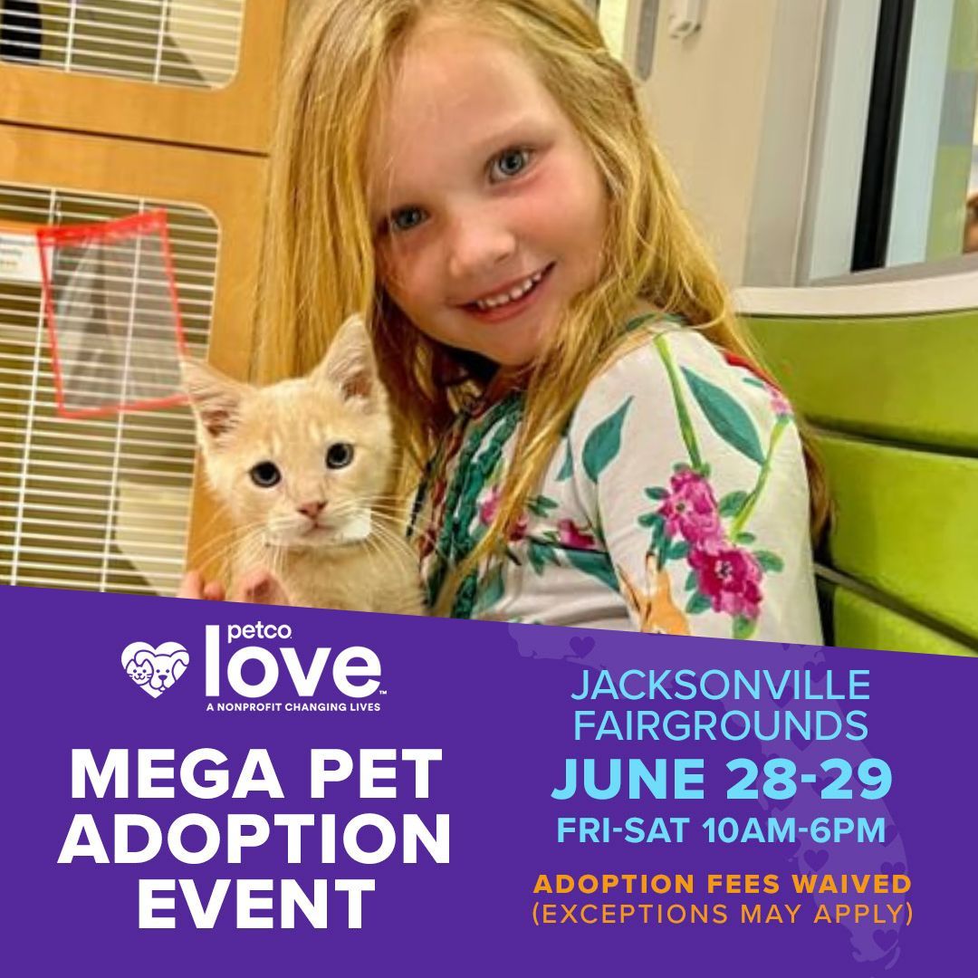 Join us at the Jacksonville Fairgrounds this weekend to find thousands of pets homes during the Petco Love MEGA ADOPTION EVENT! ☀️🐶😻 All adoptions are FREE* during this event. Will we see you there? Learn more ➡️ megaadoptflorida.com
