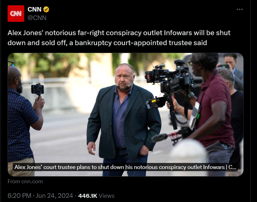 CovfefeAnon's tweet photo. The framing here is extremely telling

They're desperately trying to pretend that this is the normal operation of the legal system but if you look at it even a little bit, that pretense falls apart

The court ordered Infowars to be sold off - which is a seemingly normal thing to do - sell off assets to pay a judgement, right? Of course not. What *assets* does Infowars have? A set? Some cameras and mics? They're going to pay off a billion dollar judgement with that? [an actual attempt to pay off the judgement would be to grant a share of future revenue from Infowars to the damaged parties but of course, that was never the objective]

This is a transparent excuse to shut Infowars down but the Regime don't know how to operate in any way other than by manipulating procedural outcomes - unfortunately for them they've been doing this for a century and they've accelerated the pace

"gradually, then suddenly" for confidence loss in the Regime