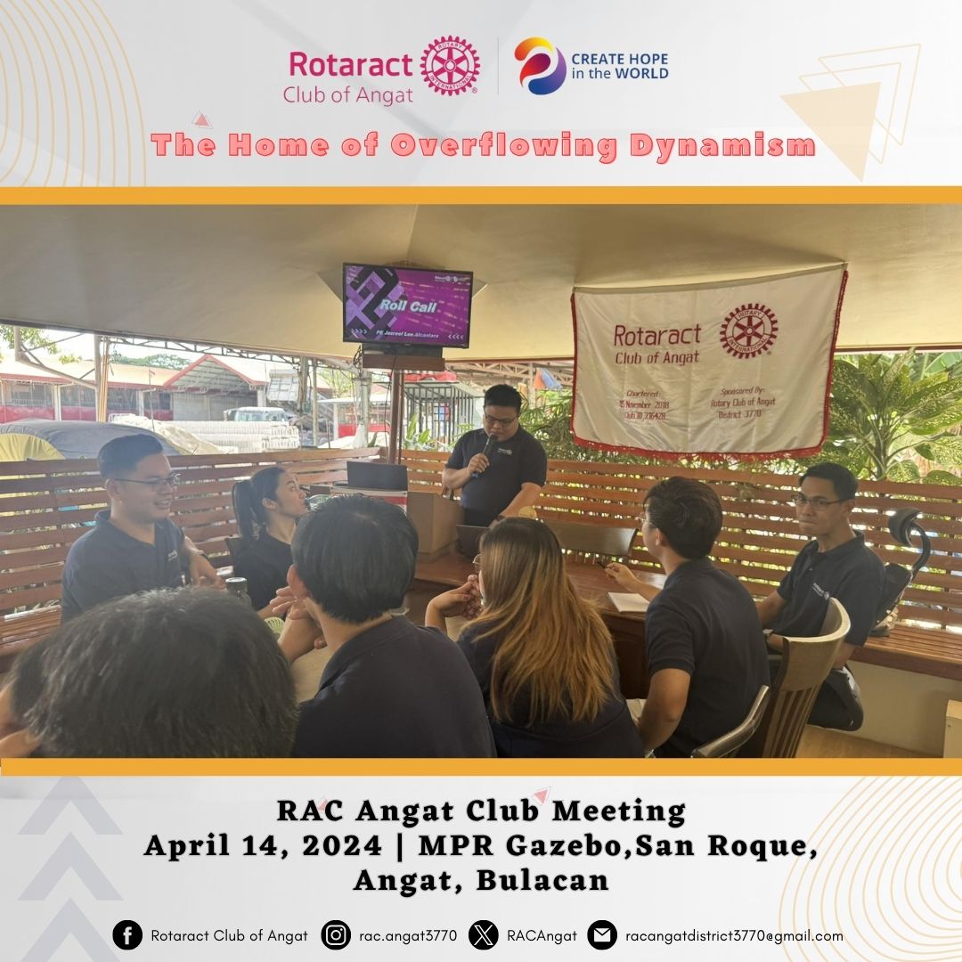 RACAngat's tweet photo. 𝐑𝐀𝐂 𝐀𝐧𝐠𝐚𝐭 𝐡𝐨𝐥𝐝𝐬 𝐀𝐩𝐫𝐢𝐥 𝟐𝟎𝟐𝟒 𝐂𝐥𝐮𝐛 𝐌𝐞𝐞𝐭𝐢𝐧𝐠 - 𝟏𝟒 𝐀𝐩𝐫𝐢𝐥 ��𝟎𝟐𝟒

#RACAngat
#HomeofOverflowingDynamism
#ClubMeeting
#CreateHopeInTheWorld
#District3770 https://t.co/z66TtdETml