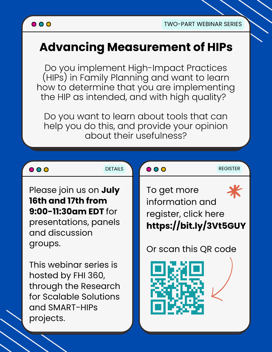 #Webinar📢
Are you interested learning more about #HIPs, #measurement, or both? Join us for our 2nd webinar series on:
📅July 16 &amp; 17, 2024
🕑9:00 - 11:30 EDT

Register ➡️fhi360-org.zoom.us/meeting/regist…