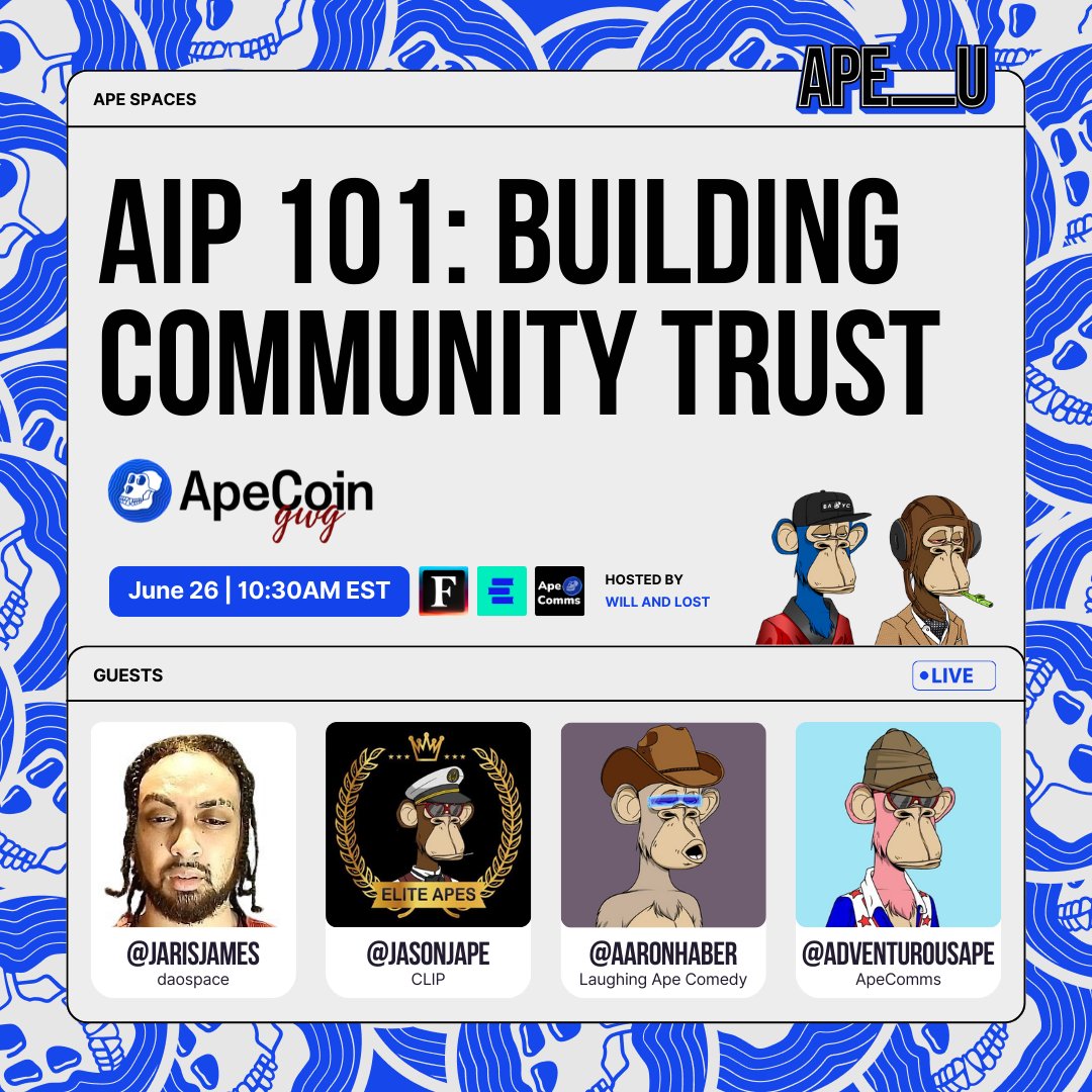 ApeCoin (@apecoin) on Twitter photo JUNE 26th, 10:30am EST:
Having your #ApeCoinDAO AIP passed isn't easy — it takes a great vision, strong written work and community trust.
Hear from #APE_U AIP Coaches @jarisjames @jasonjape @aaronhaber and <a href="/adventurousape/">🌸Adventurous Ape 🍌🦍</a> on strategies to help get you over the finish line. JUNE 26th, 10:30am EST:
Having your #ApeCoinDAO AIP passed isn't easy — it takes a great vision, strong written work and community trust.
Hear from #APE_U AIP Coaches @jarisjames @jasonjape @aaronhaber and <a href="/adventurousape/">🌸Adventurous Ape 🍌🦍</a> on strategies to help get you over the finish line.