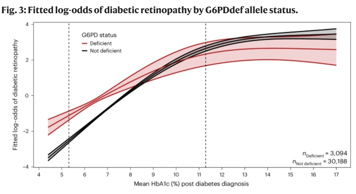 Patients with G6PD deficiency need a HIGHER blood sugar to have the same A1c level as a patient without G6PD deficiency. This creates a systematic disparity in diabetic diagnosis and care of patients carrying this genetic variant.
