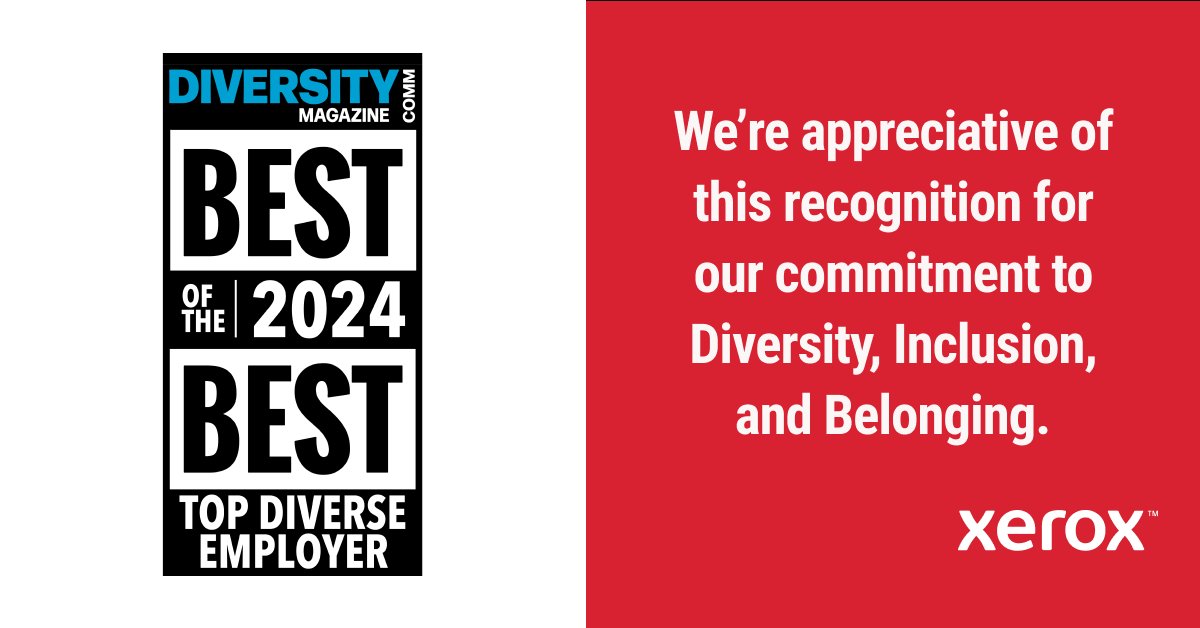 It’s an honor to be recognized by DiversityComm Media as a Best of the Best 2024 Top Diverse Employer. 
Through DIB, we can view our business from multiple angles, catalyzing innovative breakthroughs for our clients. xerox.bz/3xzWBSq