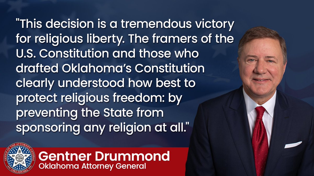 The Oklahoma Supreme Court ruled today against allowing what would have been the nation’s first taxpayer-funded, state-sponsored religious public charter school. oklahoma.gov/oag/news/newsr…