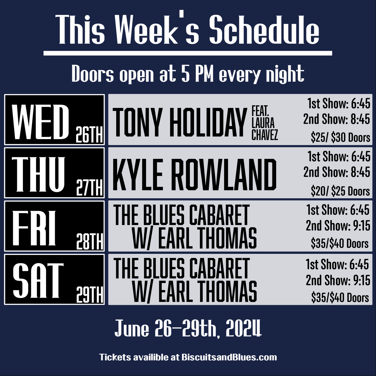 biscuitbluessf's tweet photo. 🔷This Week at Biscuits &amp; Blues

🎵Wednesday Night- Tony Holiday feat. Laura Chavez
🎵Thursday Night- Kyle Rowland
🎵Friday Night: The Blues Cabaret w/ Earl Thomas
🎵Saturday Night: The Blues Cabaret w/ Earl Thomas

#sf #biscuitsandblues #livemusic #blues #soul #gospel #concert https://t.co/0clqfI84hE