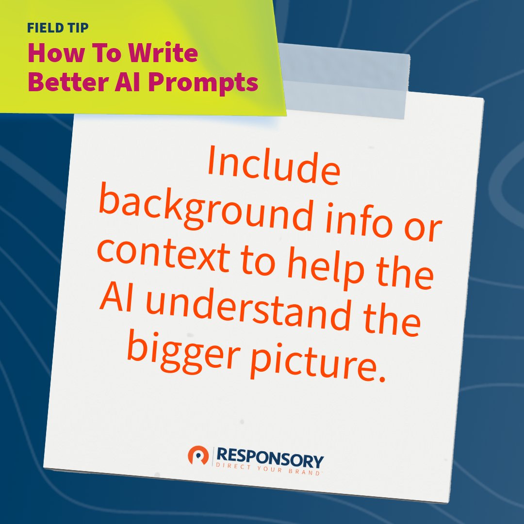 ResponsoryMKE's tweet photo. Generative AI is only effective when you know how to use it, well, effectively. And that starts with crafting good #AIprompts. 

Like what you see? Sign up for Field Tips for more practical marketing advice and industry insights: https://t.co/Gk3v6kpk3T 
#AIprompts https://t.co/9PZ8SPmVFq