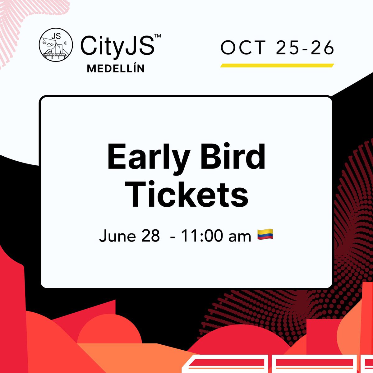 🚨🎟️ The doors to CityJS Medellin are open. Starting this Friday, June 28 you can purchase your tickets at a special price and be part of the most important JavaScript conference in Colombia. 🇨🇴

ti.to/medellinjs/cit…

#CityJSMedellin 
#EarlyBird 
#JavaScript 
#Conferencia