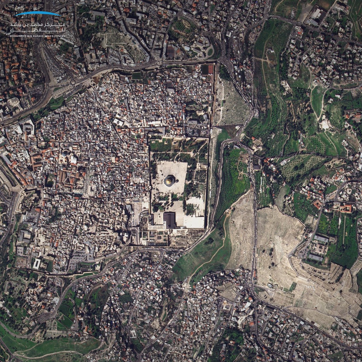 An amazing aerial view of Masjid al-Aqsa and the surrounding area in Jerusalem.

It was taken from space by KhalifaSat in 2020, to commemorate the Islamic occasion of Al Israa Wal Miraj / الإسراء والمعراج