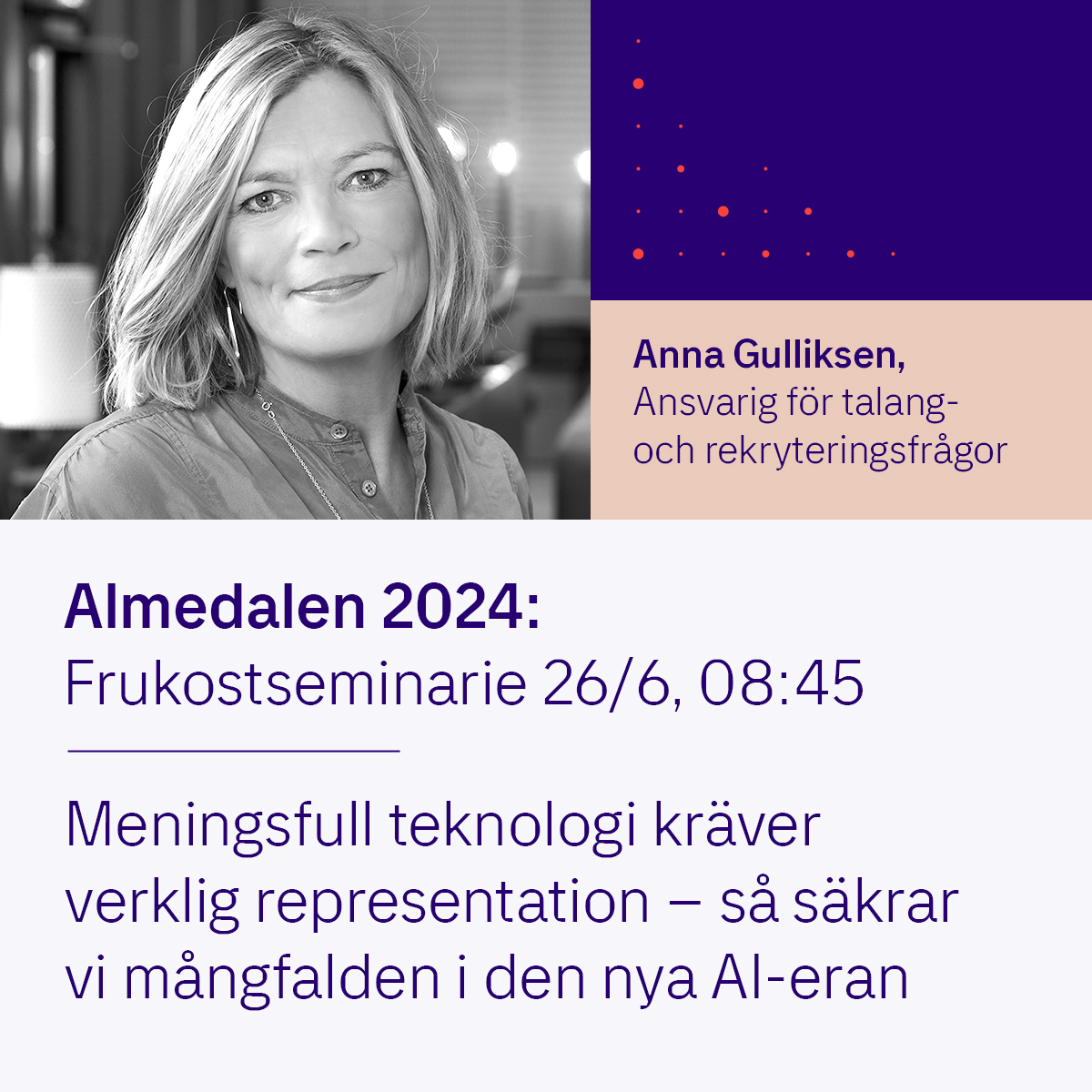 📣 Imorgon drar vi igång vår paneldiskussion i #Almedalen om hur säkrar vi mångfalden i den nya AI-eran. Ta del av hur representanter från näringslivet och akademin ser på frågan. Kom till Hansaplatsen eller se live 👉  bit.ly/3VDXgdt