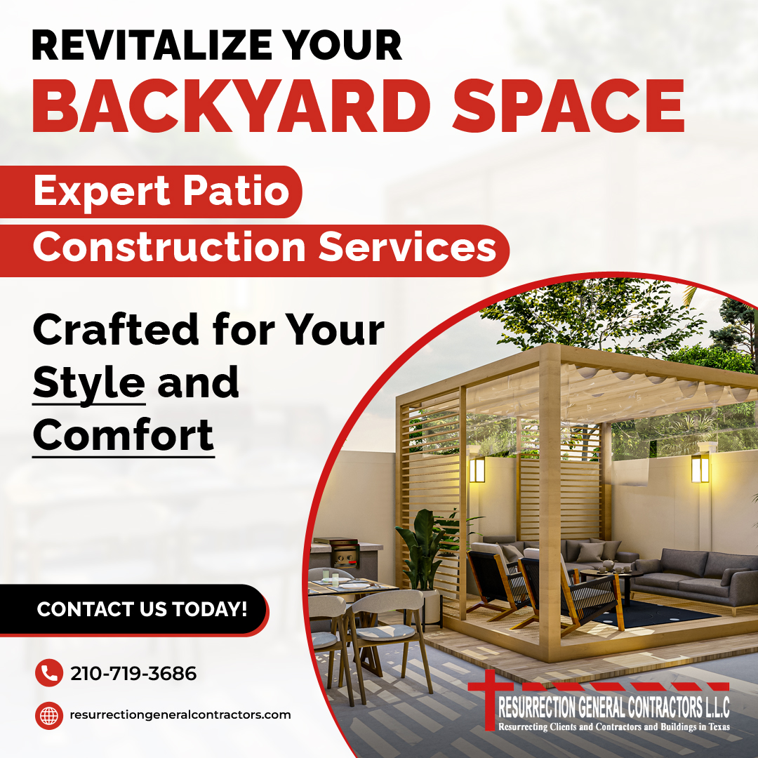 ResurrectionGen's tweet image. Looking to boost your home&apos;s charm? A professionally designed patio does just that! At #ResurrectionGeneralContractors, we specialize in creating custom patios that reflect your style and add value. Call 210-719-3686 or visit resurrectiongeneralcontractors.com! #PatioConstruction