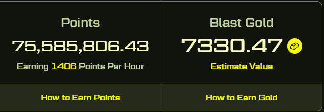 Final Blast Airdrop update:

> 76M Points
> 7,705 Gold

Most fun I've had in crypto, thanks <a href="/PacmanBlur/">Pacman | Blur + Blast</a> 

Ready for S2 😎