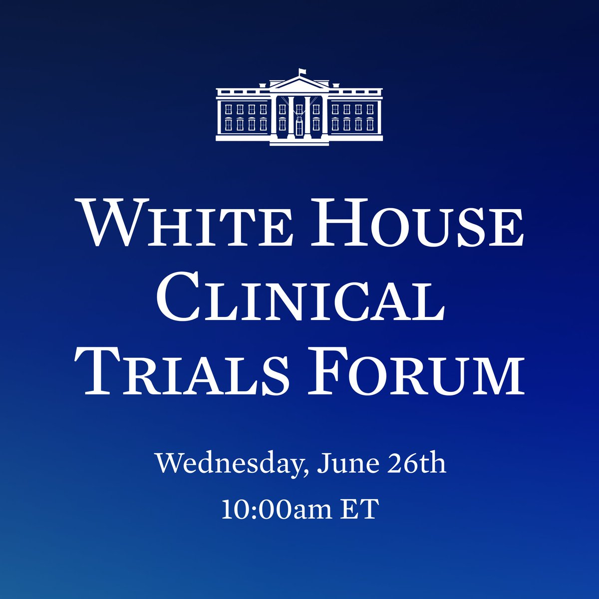 White House Office of Science & Technology Policy (@whostp) on Twitter photo This Wednesday, June 26, at 10AM ET, <a href="/WHOSTP/">White House Office of Science & Technology Policy</a> is hosting the White House #ClinicalTrialsForum to build pathways to increase access, lower barriers to participation, and speed discovery of effective therapies. You can tune in at: youtube.com/live/EGmVHwdRx… This Wednesday, June 26, at 10AM ET, <a href="/WHOSTP/">White House Office of Science & Technology Policy</a> is hosting the White House #ClinicalTrialsForum to build pathways to increase access, lower barriers to participation, and speed discovery of effective therapies. You can tune in at: youtube.com/live/EGmVHwdRx…