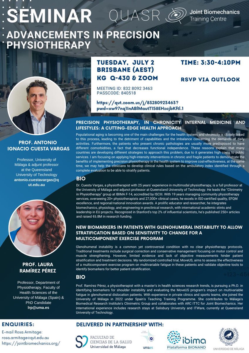 Next week <a href="/QUT/">QUT</a> 
Seminario at Training Centre for Joint Biomechanics  <a href="/arc_gov_au/">Australian Research Council</a> 
“ Precisión Physiotherapy in cronicity &amp; lifestyle” 
📆 Tuesday July 2, Brisbane (Australia)
⏰ 15:30 (AEST) UTC+10 ….🇪🇸🇪🇺07:30
🏢 Kelvin Grove Campus Q430
💻 Zoom ID 832 8992 3363 Pass 8405